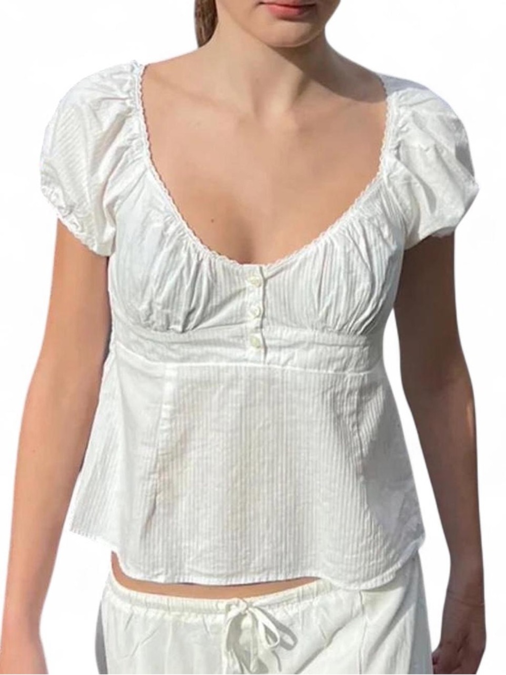 Brandy Melville White Puff-Sleeve Scoop Top